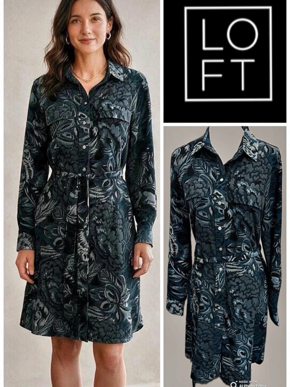 LOFT Floral Button Front Mini Dress Blue & Black Size Medium Like